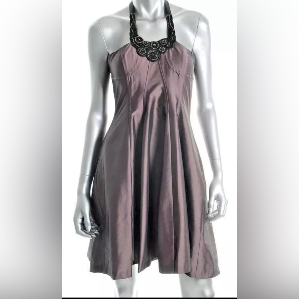 Brown Taffeta Beaded Necklace Cocktail Dress Size 8